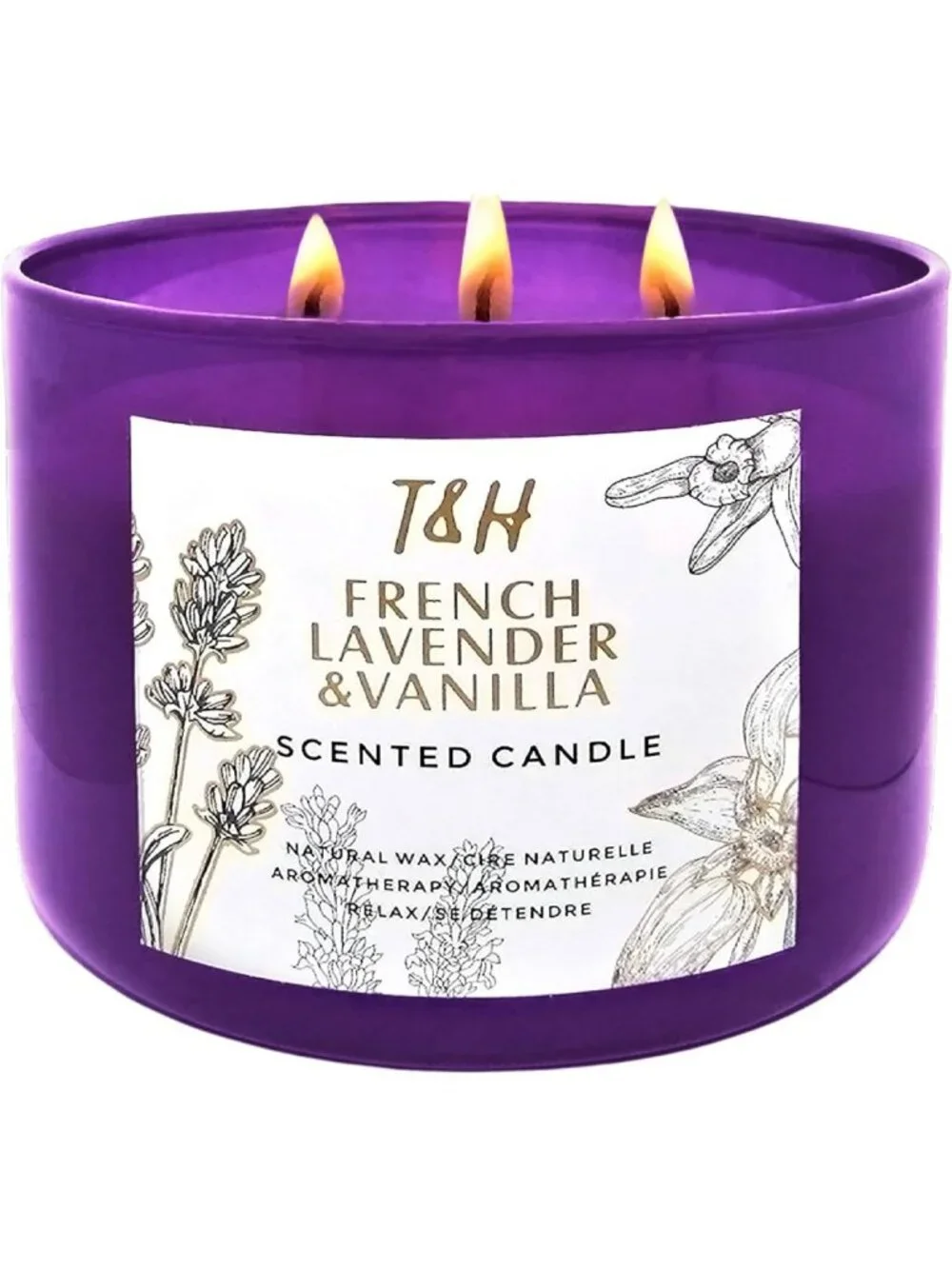 Large 3-Wick French Lavender Vanilla Soy Candle | Relaxing Aromatherapy Gift